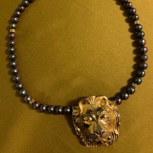 20" Eggplant Fresh Water Pearl Necklace with Lion Pendant